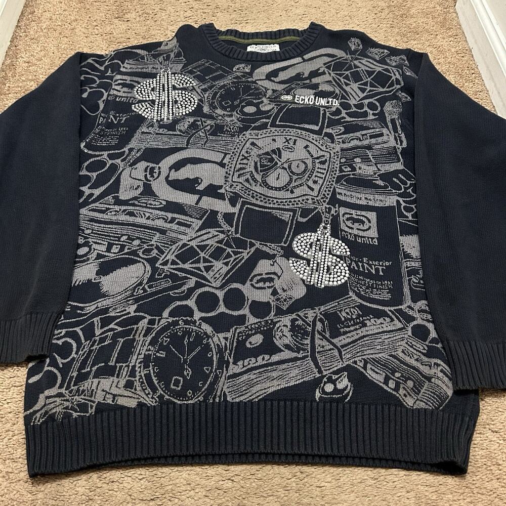 Ecko Unltd Navy Blue Sweater 3XL All over Print Money Sign Jewels Bling Grafitt